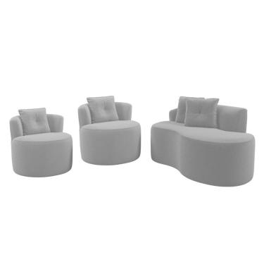 Imagem de Kit Sofá E 02 Poltronas Orgânicas Living Bob Com Almofadas Bouclê Cinza Claro - Desk Design