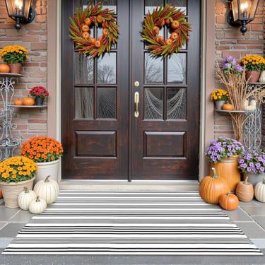 Imagem de Tapete listrado preto e branco, tapete de porta moderno de algodão de 9,5 x 1,5 m de algodão moderno tecido à mão reversível tapete lavável em camadas para casa de fazenda/cozinha/sala de estar