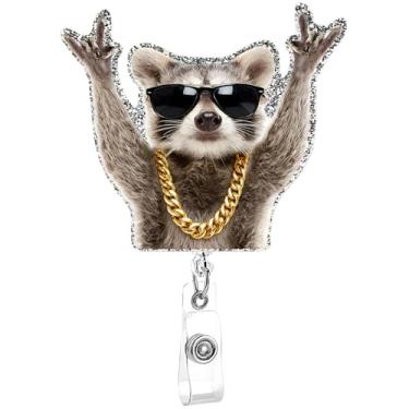 Imagem de Carretel de crachá engraçado de guaxinim para escritório Buddy Hiphop Reccoon com suporte de cartão de identificação giratório de 360°, clipe retrátil, clipe de crachá médico para trabalhadores