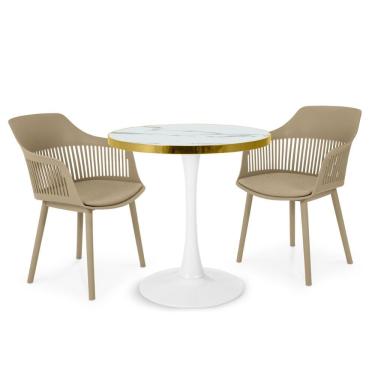 Imagem de Conjunto Mesa De Jantar Redonda Majestic 70cm Branca Com 2 Cadeiras Estofadas Marcela - Nude Escuro