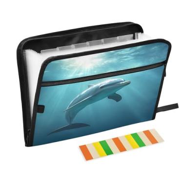 Imagem de CEBUGI Pasta expansível de 13 bolsos, impermeável, sanfonada, organizador de arquivos com etiquetas tamanho A4, organizador de documentos de papel para escola, material de escritório, golfinho