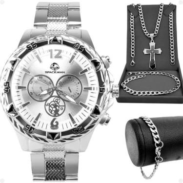 Imagem de Kit Relógio Masculino Analógico Aço Inox Prata com Corrente Pulseira G