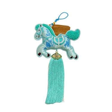 Imagem de KiBcsLic Enfeite de cavalo para o Ano Chinês, pingente de pelúcia, decoração Feng Shui para o Festival da Primavera, para bolsa, escritório, Cavalo Azul Correndo, Borlas