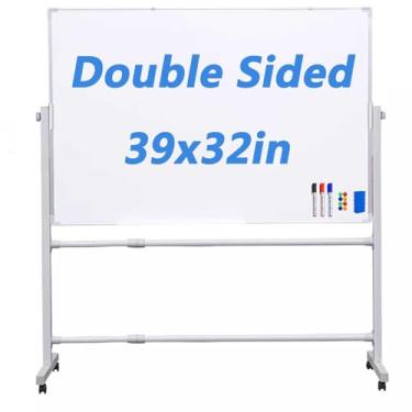 Imagem de Lylunnamsp Quadro branco rolante, quadro magnético apagável a seco de dupla face, quadro branco ajustável em altura sobre rodas, com moldura de alumínio resistente, para sala de aula de escritório em