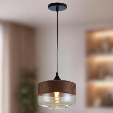 Imagem de Lustre Pendente Wood Circle Vidro Âmbar e Aço cor Madeira 25cm - Viena