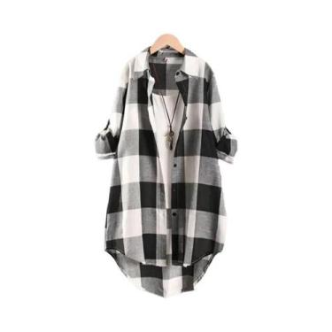 Imagem de Camisa Feminina Xadrez De Manga Longa, Blusa Casual Chic Em Linho E Al