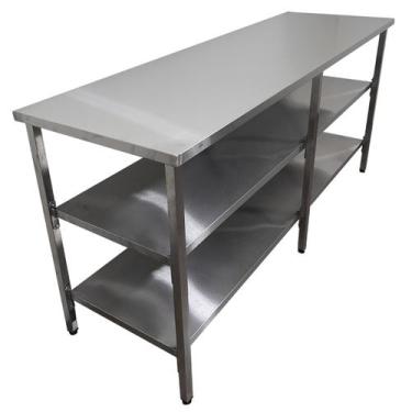 Imagem de Mesa de Aço Inox Industrial 190x70x90 cm com 2 Prateleiras Plano Liso 