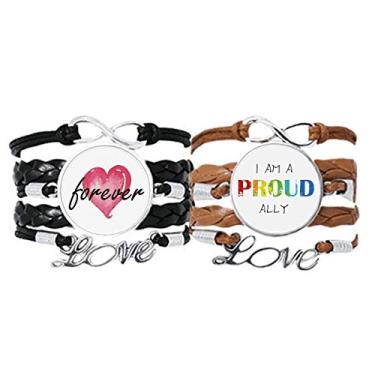 Imagem de DIYthinker Pulseira LGBT com bandeira de arco-íris Proud Ally pulseira de mão corda de couro Forever Love conjunto duplo