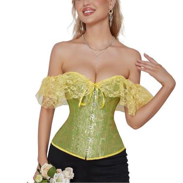Imagem de Corset Corselet Blusa Modeladora Manga Curta Renda Floral Linha Casual Verde Esmeralda M690