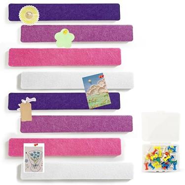 Imagem de 8 peças quadro de pinos de feltro roxo rosa branco tiras de barra quadro de avisos, tiras de barra autoadesivas, placas de cortiça para paredes com 35 pinos, para colar notas, fotos, escritório, casa, sala de aula