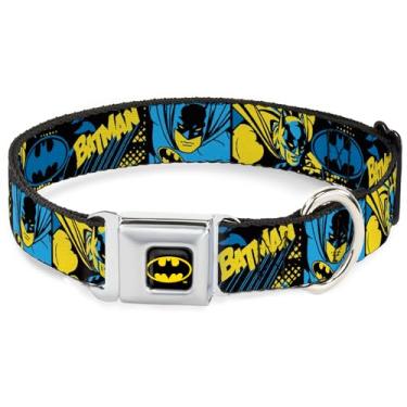 Imagem de Coleira para animais de estimação DC Comics, fivela de cinto de segurança de metal, poses de Batman e colagem de logotipo preto azul amarelo, 28 a 40 cm de largura