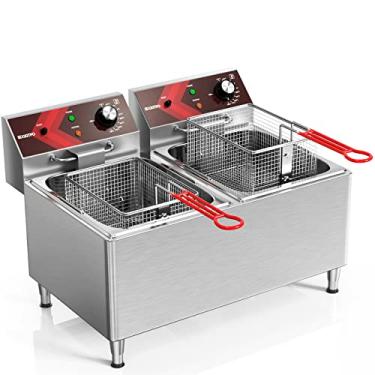 Imagem de EGGKITPO Fritadeiras comerciais Fritadeira de bancada elétrica de tanque duplo de 12 L x 2 grandes para restaurante com 2 cestos e tampas de fritura, 1800 W x 2, 120 V