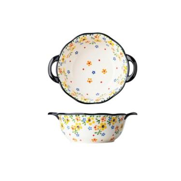 Imagem de Conjunto de tigela e prato de cerâmica, pratos de vegetais criativos e personalizados, tigelas de sopa de orelhas duplas, tigelas de macarrão - tigelas pequenas de flores amarelas de 19 cm ocas de