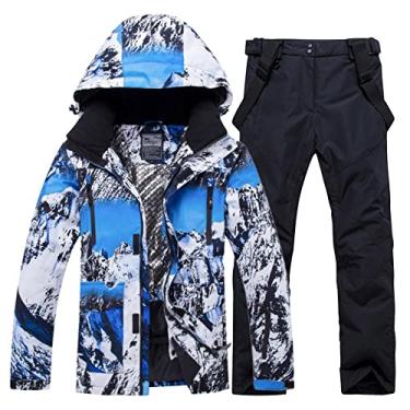 Imagem de Roupa de esqui masculina à prova d'água, conjunto de jaqueta e calça de snowboard de duas peças ao ar livre à prova de vento para inverno quente, nº 2 azul + preto, M
