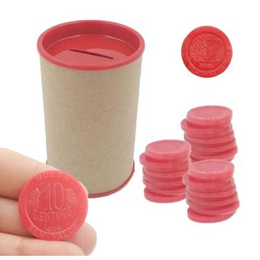 Imagem de Conjunto 6 Cofres 6x10cm + 60 Moedas de Mentira Brinquedo Educativo Kit Prendas Lembrancinhas Mimos Moedinhas (Vermelho)