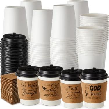 Imagem de Jingmore 48 peças de vaso bíblico cristão de 227 g xícaras de café com tampas e mangas descartáveis inspiradoras papel religioso quente xícaras de chá para igreja cristã lembrancinha de festa domingo