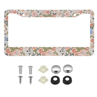 Imagem de 1 peça Peachy Floral Molduras para Placas de Licença de Liga de Alumínio Capa de Placa de Licença com Tampa de Parafuso e Conjunto de Chave de Fenda - 2 Furos para Meninas e Mulheres