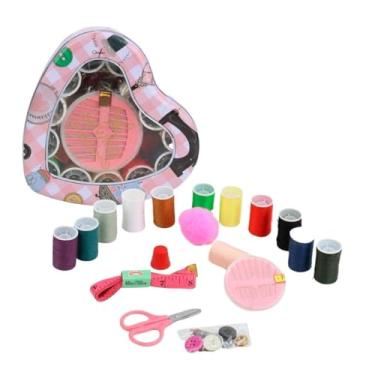Imagem de Kit de Costura com 42 Peças Estojo Coração Decorado Linhas Coloridas Sortidas Tesoura Agulhas e Fita Métrica Artesanal e Decorativo