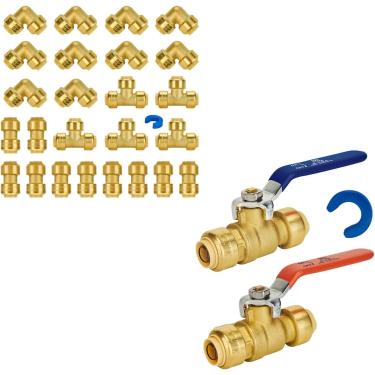 Imagem de Conexões e válvulas de encanamento PEX de 1/2 polegada (10 acoplamentos, 10 cotovelos, 5 camisetas, 1 válvula esférica de alça vermelha, 1 válvula esférica de alça azul) latão certificado ASSE 1061