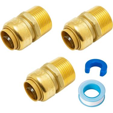 Imagem de Adaptador MNPT de 3/10.2 cm x 2,5 cm sem chumbo Latão Conexões de encanamento Push-to-Connect para conectar PEX Copper CPVC com um clipe de desconexão e um pacote de fita de vedação com 3