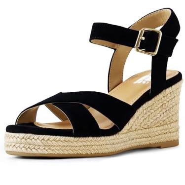 Imagem de DREAMCIA Sandálias femininas com plataforma de alpargatas com tiras no tornozelo com fivela e bico aberto para o verão, X-preto, 38