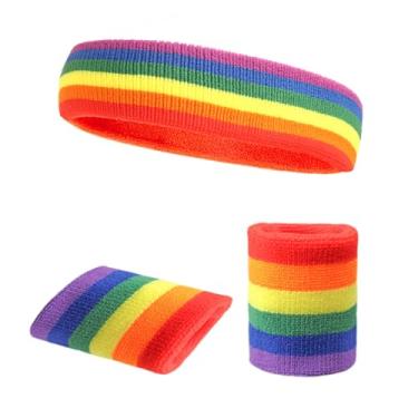 Imagem de hhdatc Conjunto de faixa de transpiração listrada estilo anos 80, faixa de cabeça retrô e pulseiras para festas à fantasia, cosplay e exercícios esportivos