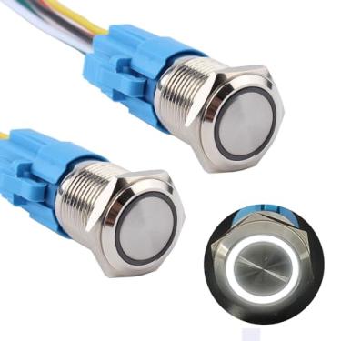 Imagem de DMWD Interruptor De Botão Pressão Antivandalismo Com Trava Metal, 2 Peças, 16 Mm, À Prova D'Água, Prateado, Rabicho Para Furo Montagem 5/8", 12 V-24 V, Liga/Desliga, 5 Pinos, 1 Pino, Halo, Anel, Luz