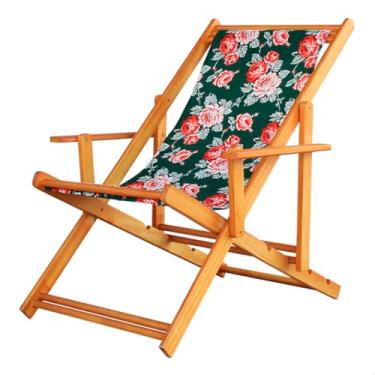 Imagem de Espreguiçadeira em Madeira Maciça para Piscina, Praia – Com Braço, Dobrável, Acabamento Envernizado (Verde Floral)