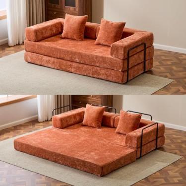 Imagem de Sofá-cama conversível, sofá-cama de 196 cm tamanho casal com apoios de braço em forma de L, sofás-cama queen size para sala de estar pequena para sala de estar, quarto, chenille, laranja