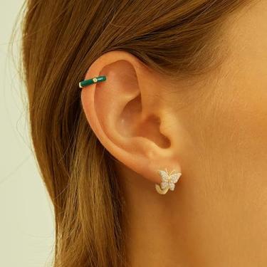 Imagem de Brincos pequenos de argola de ouro pequeno brinco de borboleta com zircônia cúbica banhado a ouro 14k delicado para mulheres