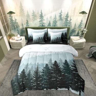 Imagem de Erosebridal Conjunto de edredom com floresta enevoada verde, montanha, pinheiro, montanha, 7 peças, Queen, natureza, floresta e neblina, para homens, edredom rústico e paisagem, verde escuro