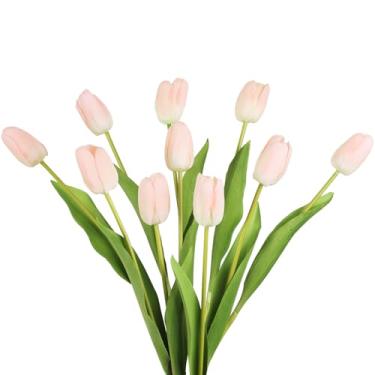 Imagem de IPOPU 10 peças de tulipas rosa claro de toque real, flores artificiais de 48 cm, tulipas falsas, sensação real, flores de primavera, para festa de casamento, Páscoa, casa, cozinha, jardim, decoração