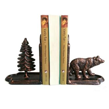 Imagem de Suporte de livros de urso decorativo, suporte de livro de ferro fundido resistente, extremidades de livros de urso e árvore para prateleiras sala de estar, decoração de casa, escritório, bronze antigo