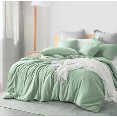 Imagem de JYhoney Conjunto de capa de edredom verde, tamanho Queen, 3 peças, verde acinzentado, moderno, minimalista, cor sólida, cor sólida, microfibra macia, capas de edredom com fecho de zíper