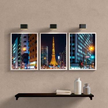 Imagem de Kit 3 Quadros Paris Noturna 24x18cm - Vidro e Moldura Branca