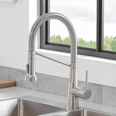 Imagem de Torneiras de cozinha escova torneiras de latão para pia de cozinha de alavanca única pull out primavera bico misturadores torneira de água quente e fria guindaste, 866033, escovado, china