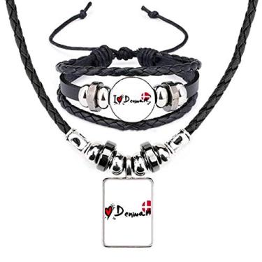 Imagem de I Love Denmark Bandeira da Palavra Amor Coração Ilustração Colar Pulseira Conjunto de Joias