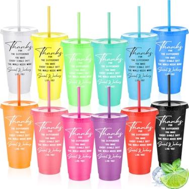 Imagem de MotiMind 12 peças presentes de agradecimento de assistente social a granel para mulheres e homens copos de semana de apreciação de assistente social com tampas canudo 680 g Copo de agradecimento para