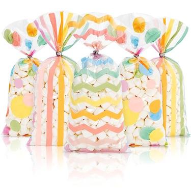 Imagem de Whaline 160 unidades de sacos de guloseimas de celofane de primavera, cores pastel, arco-íris, ondas, listras, sacolas de doces de plástico com 200 peças de laços torcidos para Páscoa, primavera,