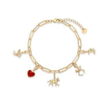 Imagem de PAVOI Pulseira ajustável banhada a ouro 14K para mulheres | Pulseira de corrente com pingente de barra torcida e clipe de papel com lua, olho turco, urso de pelúcia, cadeado de coração, avião