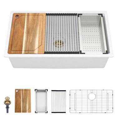 Imagem de Talllor Pia de cozinha de granito - Pia de cozinha de 81 polegadas branca embaixo da pia de cozinha, tigela única, lavatório composto de quartzo branco com conjunto de ralo dourado, 81 cm x 48 cm