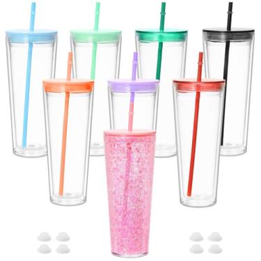 Imagem de Copo de globo de neve de acrílico de 680 g, pacote com 8 copos de globo de neve de plástico pré-perfurados de parede dupla para globo de neve com glitter, tampa colorida