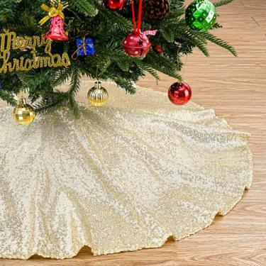 Imagem de Saia para árvore de Natal de 61 cm com tecido de lantejoulas douradas, tapete para árvores de Natal, pequenas saias com glitter, sereia, lápis, árvore, ambientes internos e externos, ornamentos de