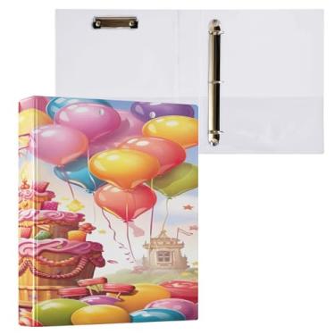 Imagem de Wassud Fichário de 3 anéis, fichário de 3 cm com clipe antiderrapante, balões coloridos e bolo, 1 pacote com fichário decorativo tamanho carta para escritório em casa