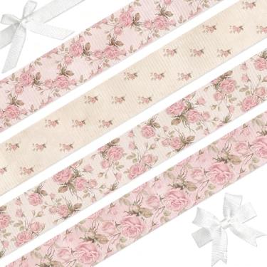 Imagem de AnyDesign Fita de gorgorão rosa vintage de 0,20 cm fita de embrulho de tecido de flor rosa para chá de bebê de primavera, artesanato faça você mesmo, suprimentos para fazer arco de guirlanda, 4 rolos