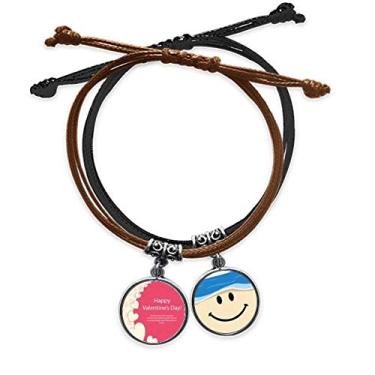 Imagem de DIYthinker Pulseira de couro rosa branca feliz dia dos namorados corrente de mão pulseira de couro sorridente