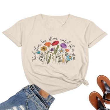 Imagem de Camiseta feminina com estampa de flores silvestres Teacher Appreciation Teach Them Love Them Watch Them Grow Letter Tops, Branco-1, G