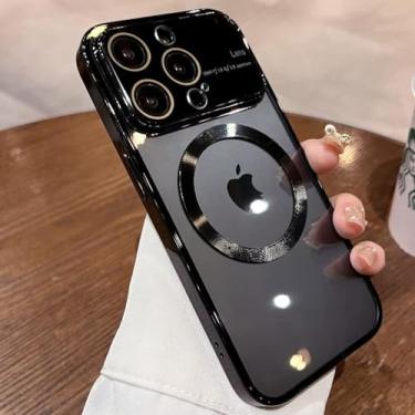 Imagem de Capa para iPhone 13 Pro Max, protetor de câmera de lente de vidro de janela, visualização de logotipo compatível com Magsafe, capas de telefone magnéticas rígidas transparentes para iPhone 13 Pro Max de 6,7 polegadas, capa fina e transparente de luxo (preto)