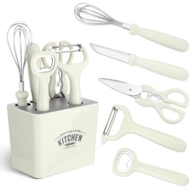 Imagem de BEWOS Utensílios de cozinha, conjunto multifuncional de utensílios de cozinha com 6 peças, com faca de frutas, faca de descascar, tesoura, batedor, abridor de garrafas e rack de utensílios de cozinha,