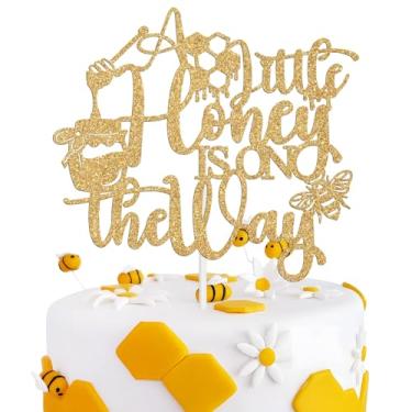 Imagem de A Little Honey is on the Way Cake Topper, Welcome Baby Pregnancy Announcement Cake Decor, Bee Theme Baby Shower Gender Reveal First Birthday Party Decorations Supplies, Blue Glitter